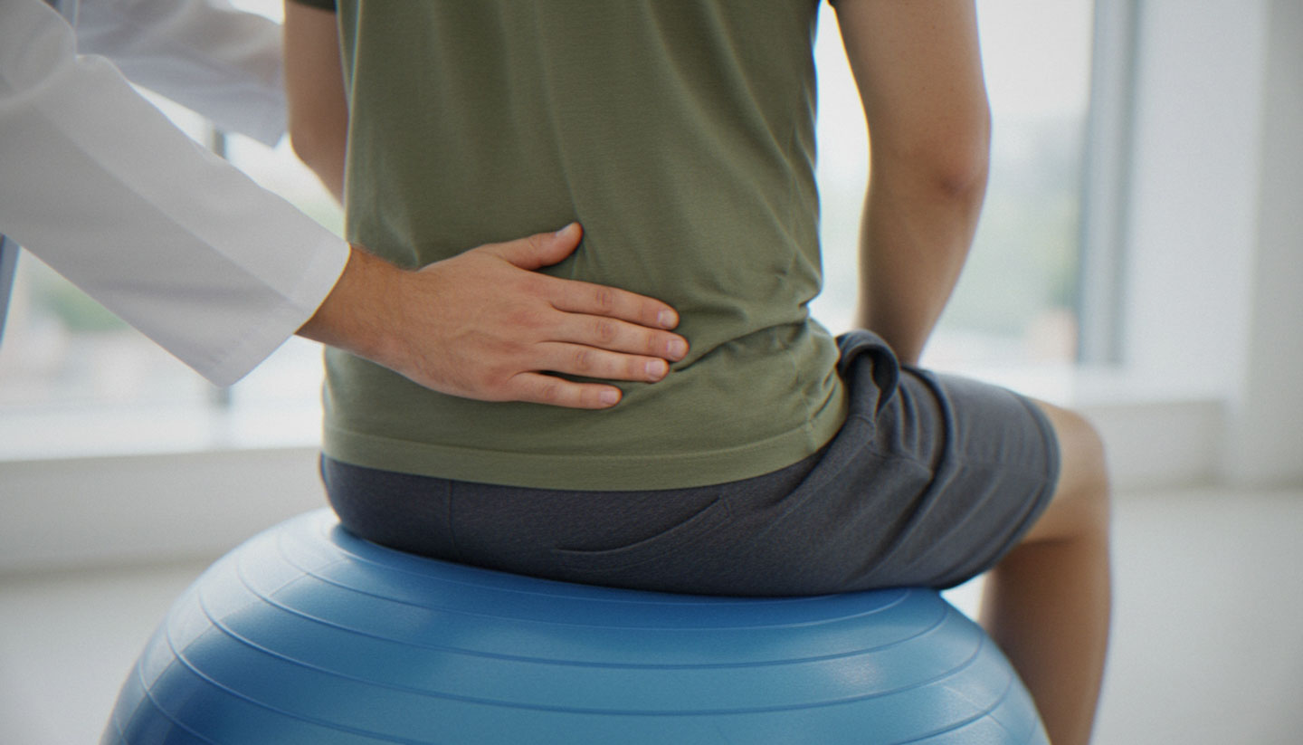 man sitting on yoga ball correcting posture